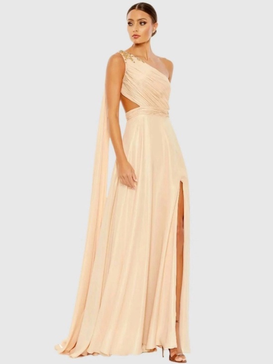 Mac Duggal Dresses & Skirts - Mac Duggal One-Shoulder Gold Nude/Peach Evening Gown with Draped Bodice Size 8